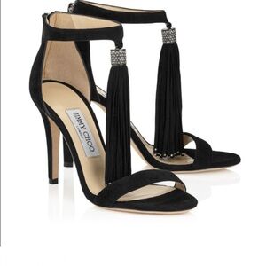 Jimmy Choo Viola Suede Fringe Rhinestone Sandal Heels